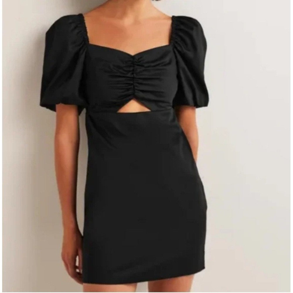Boden Black Cotton Cut Out Detail Puff Sleeve Mini Dress UK 10 US 6